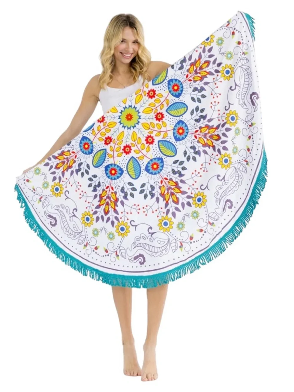 Round Boho Aztec Western Fringe Beach Blanket Porch Deck Pool Towel 59” - Picture 1 of 2